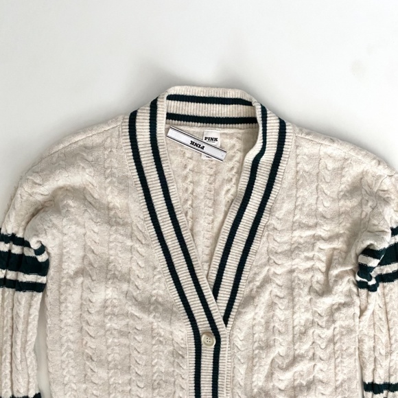 PINK Victoria's Secret Sweater Cable Knit Ivory & Green Varsity Cardigan Nwt - Picture 2 of 3
